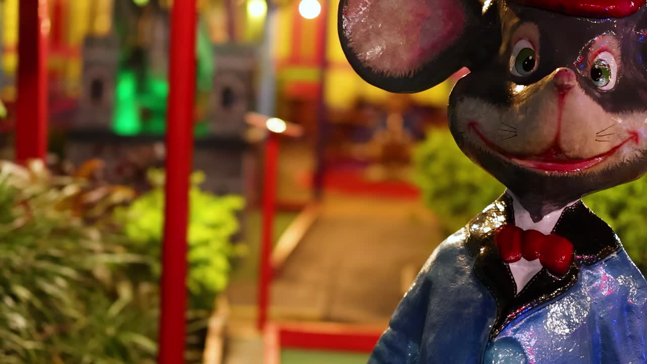 A cheerful animated mouse character in a colorful, illuminated miniature golf setting. Bright lighting and vivid colors create a playful atmosphere