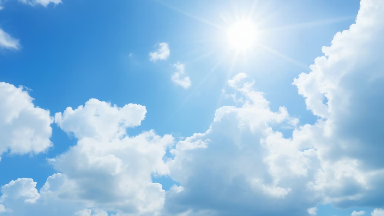 A serene video captures fluffy clouds and a bright sun in a clear blue sky from a low-angle