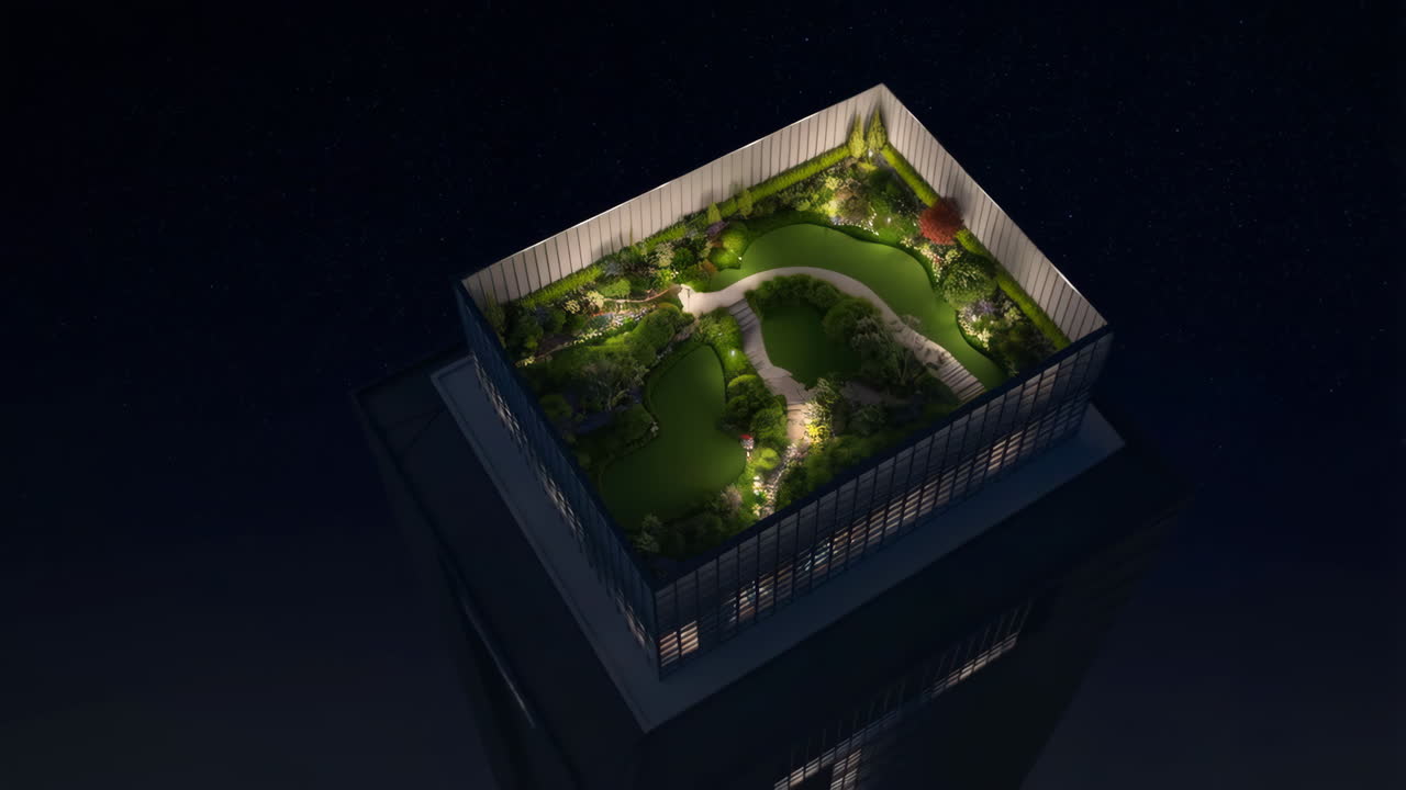Stunning Illuminated Rooftop Garden on a Skyscraper at Night