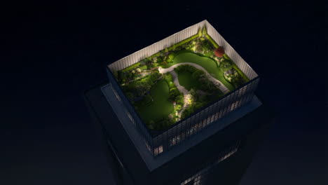 stunning illuminated rooftop garden on a skyscraper at night