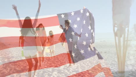 video compuesto de la bandera estadounidense ondeando contra un grupo de amigos caucásicos disfrutando en la playa
