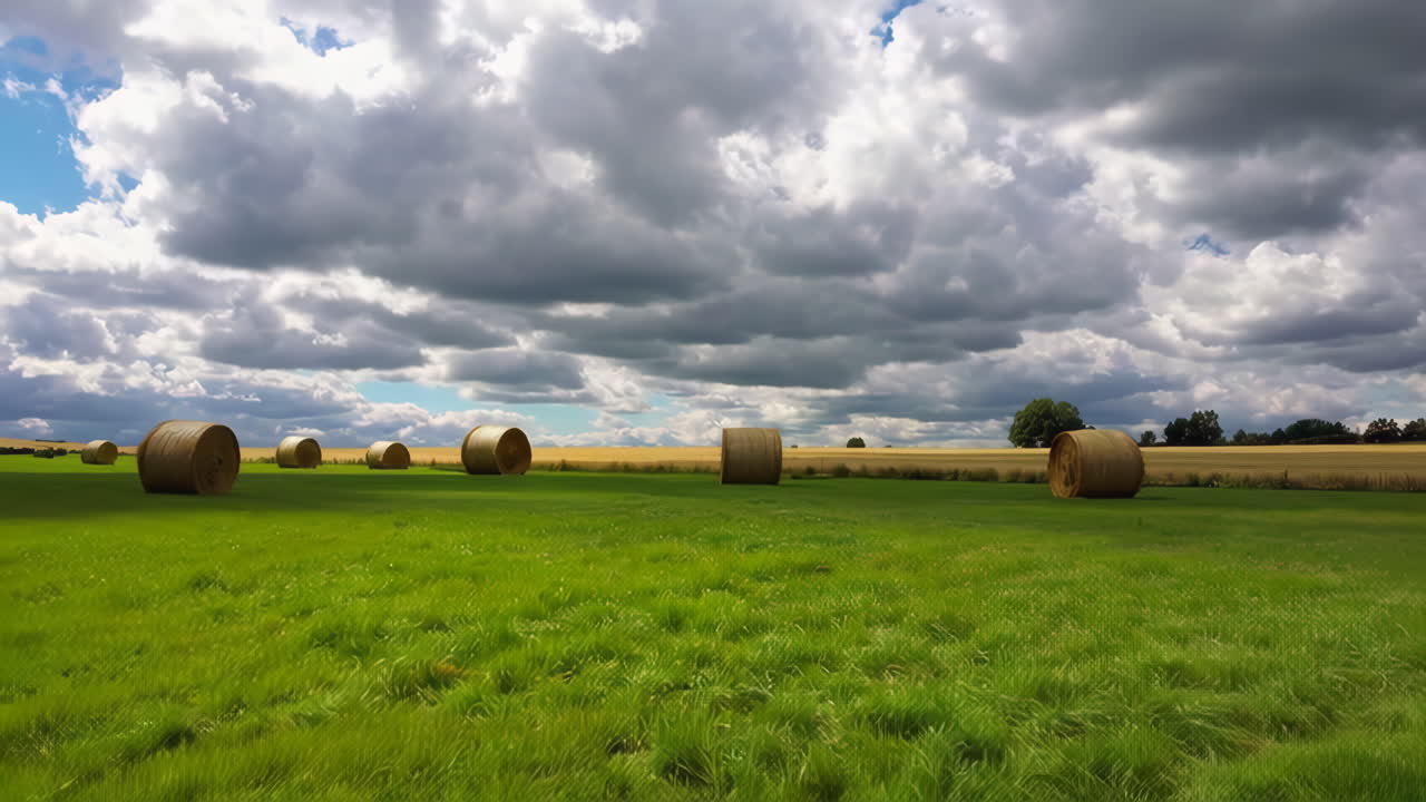 balas de heno en un campo bajo un cielo nublado