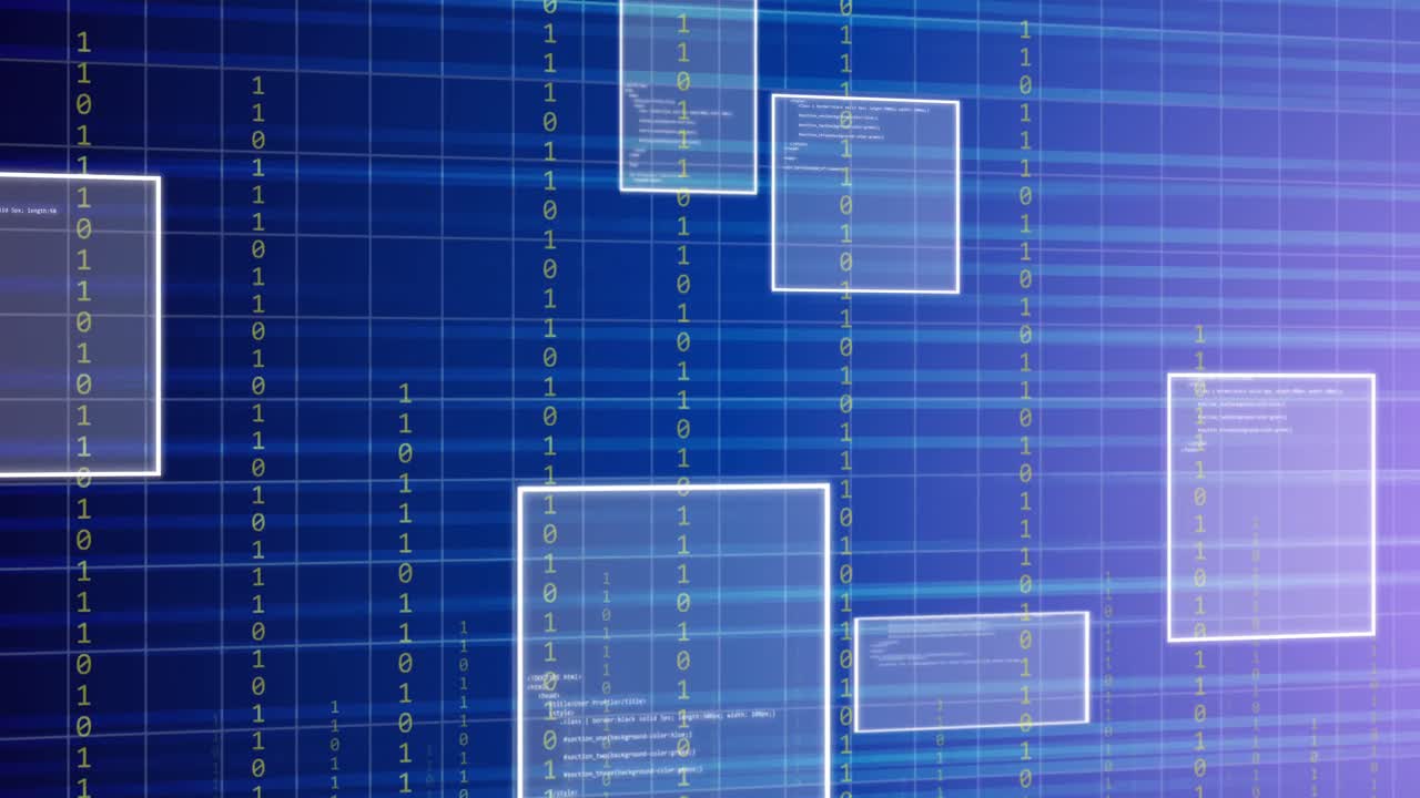 animación del procesamiento de datos sobre líneas sobre fondo azul.