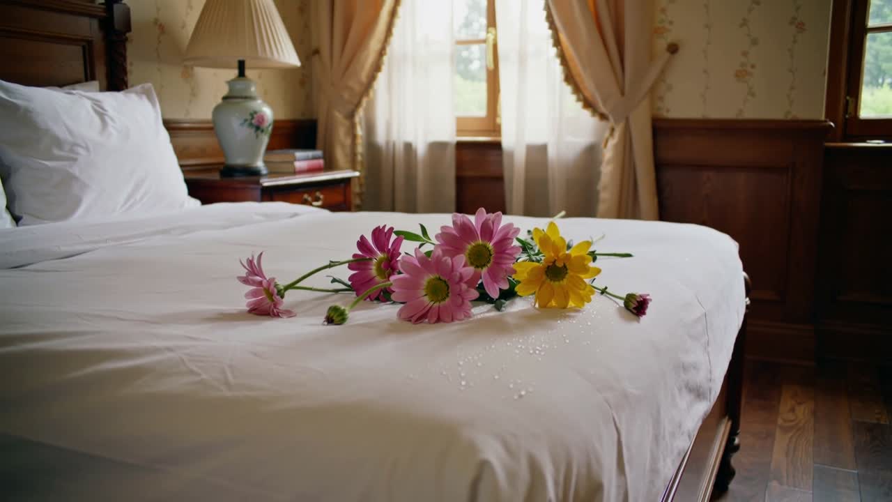 Pulling back camera revealing small bouquet resting on white bed by window, showing lamp and books