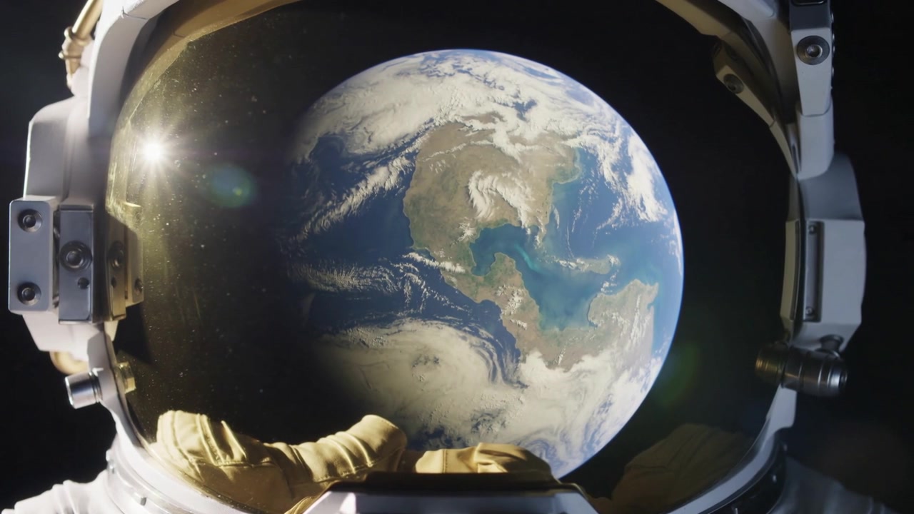 Bereaksi terhadap silau matahari, astronot berชุด antariksa memiringkan helm, menunjukkan Bumi di visor emas saat di orbit.