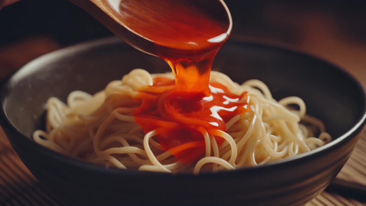 Salsa rossa versata su pasta fresca in una ciotola.