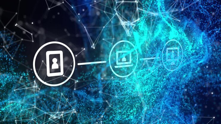 Animation of network with icons and connections on dark background