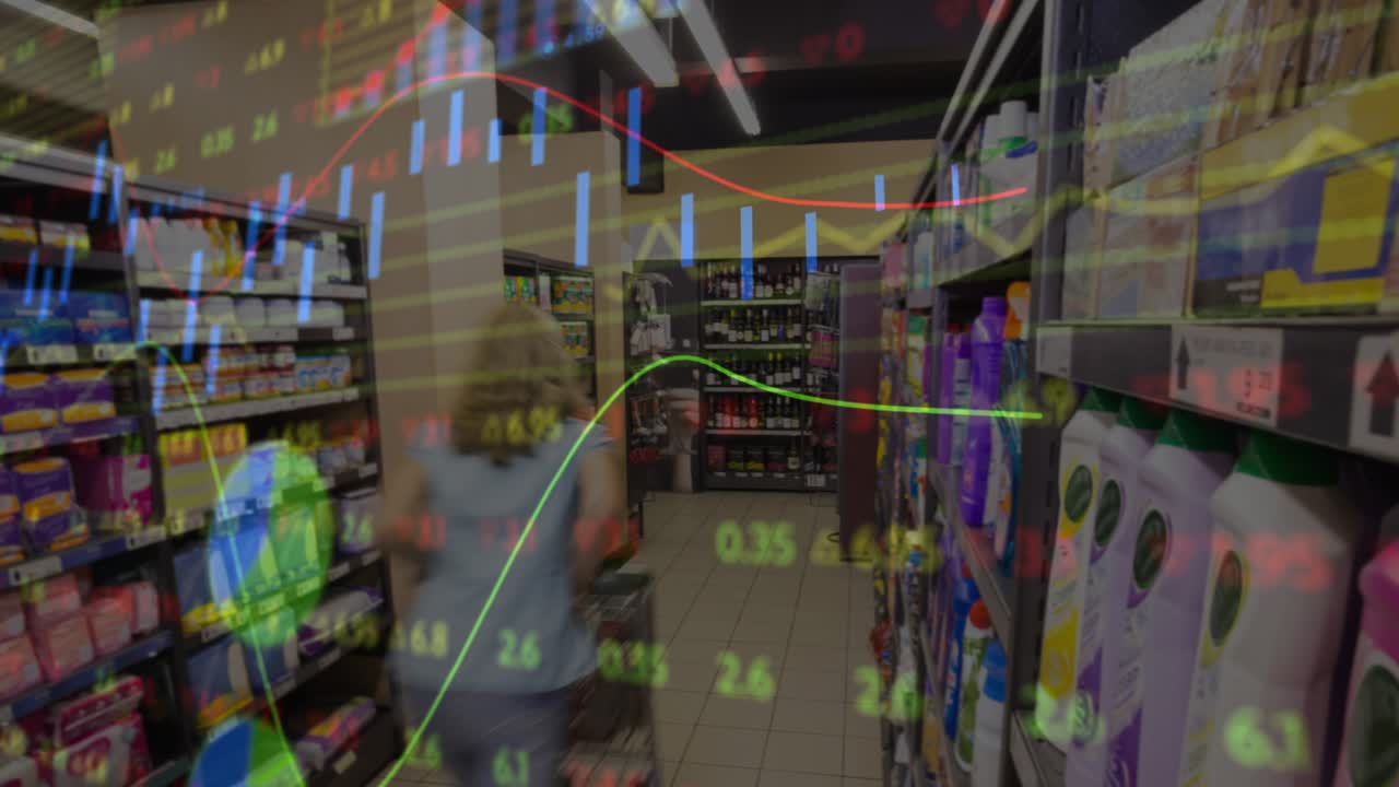 Woman pushing cart walking grocery aisle pausing reaching checking prices finance charts overlaying