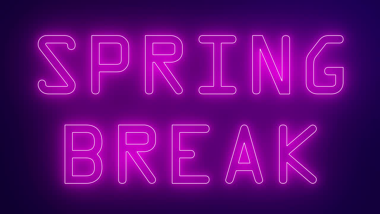 signo de neón brillante animado vacaciones de primavera sobre fondo azul