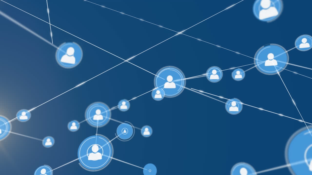 animación de la red de iconos de perfil y punto de luz contra un fondo azul