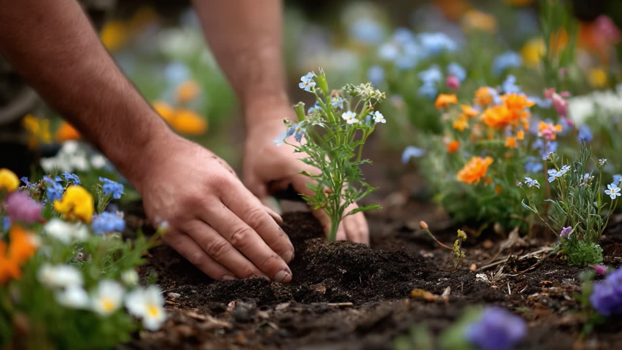 A Gardener's Care: Planting Flowers in Rich Soil Among a Colorful Garden, Showcasing the Beauty of Nature and the Art of Gardening with Tender Hands