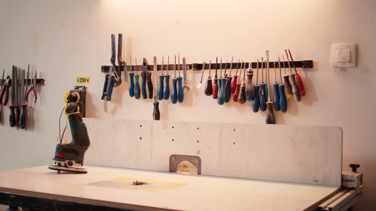 primer plano de las herramientas de carpintería en el estante utilizadas para tallar superficies de madera