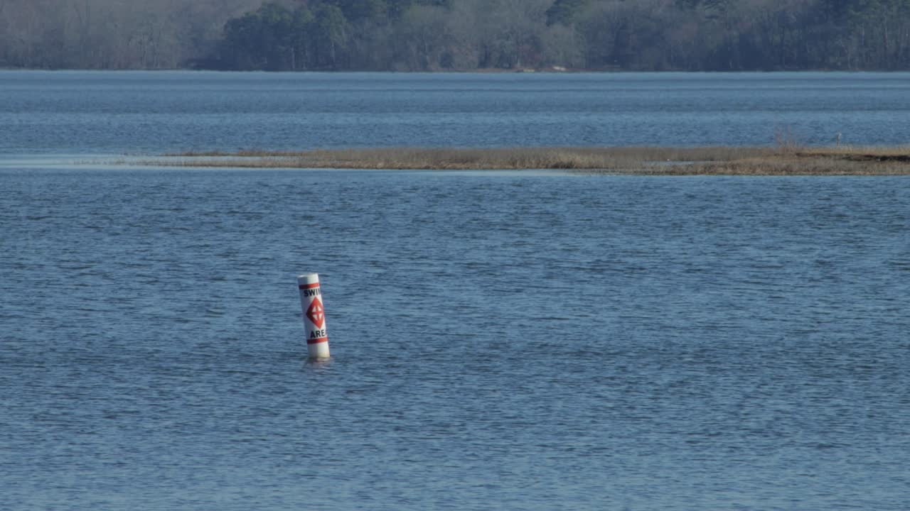 겨울에는 산들바람과 섬을 배경으로 하는 호수의 수영 부표