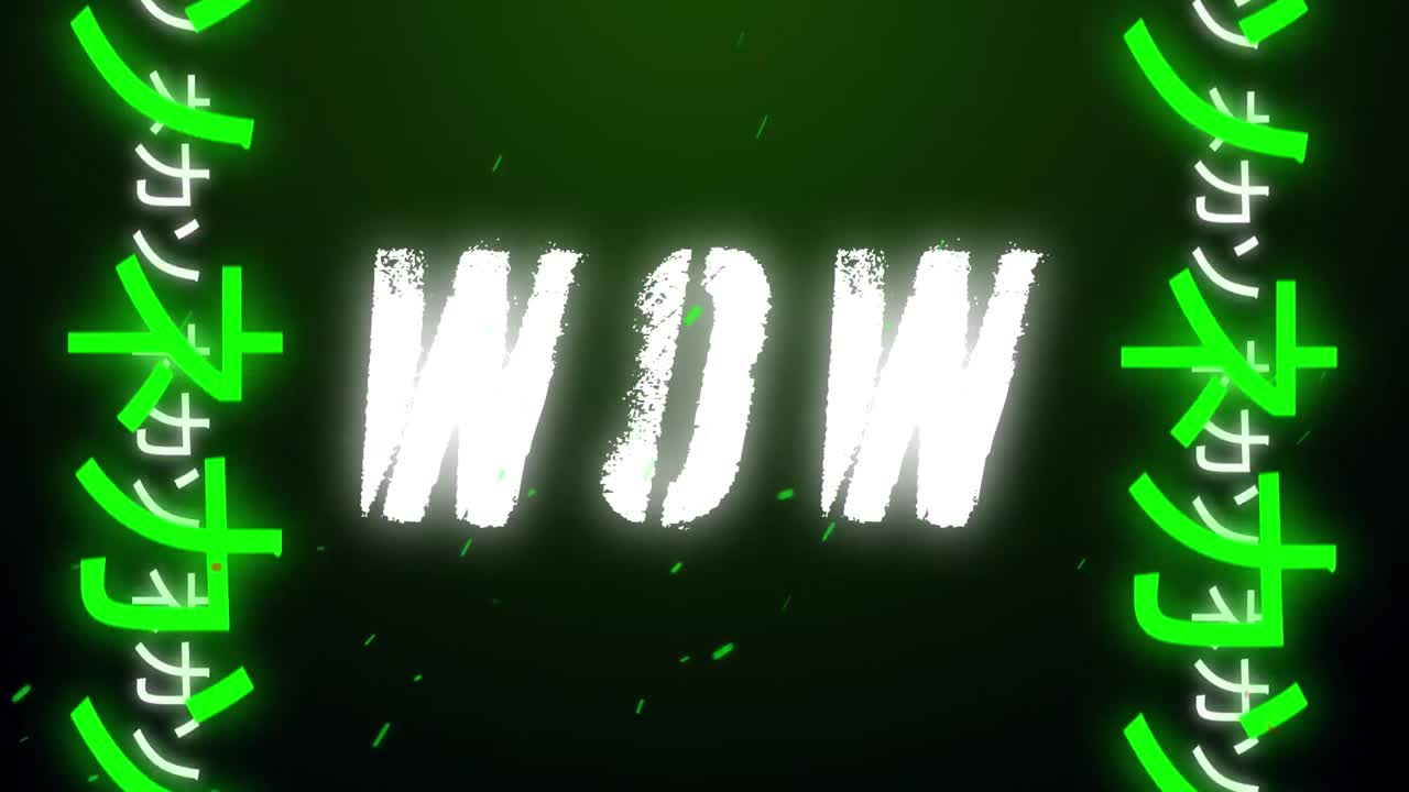 애니메이션 빈티지 비디오 게임 화면에 와우라는 단어가 적혀 있습니다.