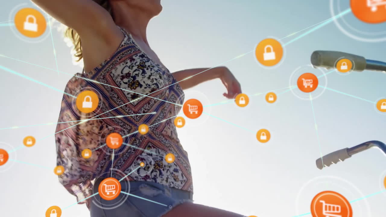 행복한 백인 여성이 자전거를 타고 있는 서클에서 연결된 아이콘 네트워크의 애니메이션