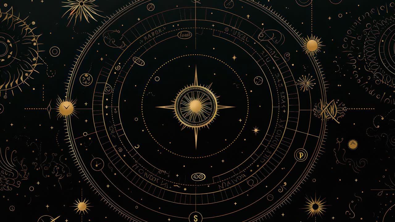 Top-down video view of an intricate celestial map with golden astrological symbols on a deep blue