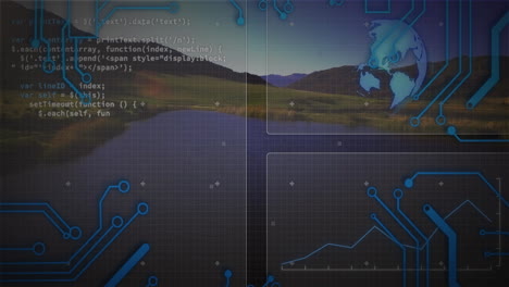 animation overlaying digital data on scenic landscape with mountains and lake