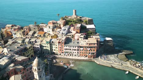 Beautiful-Aerial-Shot-of-Vernazza-and-Doria-Tower---Cinque-Terre,-Italy