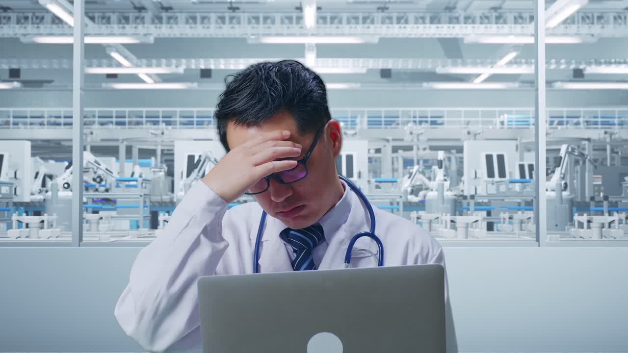 Stressed Doctor in a Modern Factory