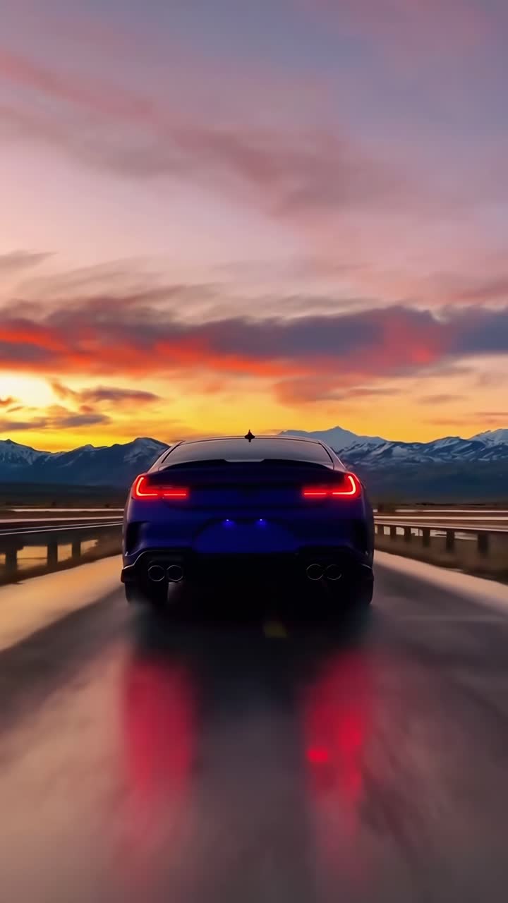 Vista posteriore di un'auto su una strada di montagna al tramonto, con inquadratura dal basso.