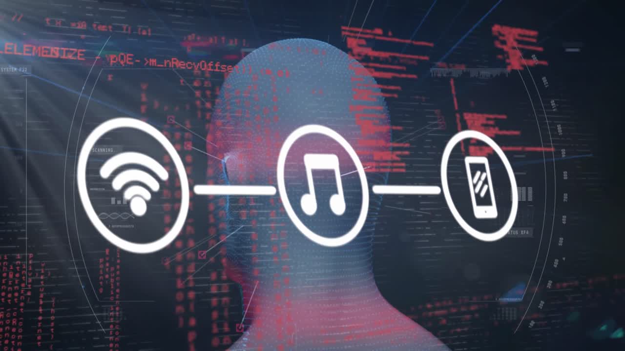 animación de una red de iconos digitales y procesamiento de datos en comparación con un modelo de cabeza humana giratoria