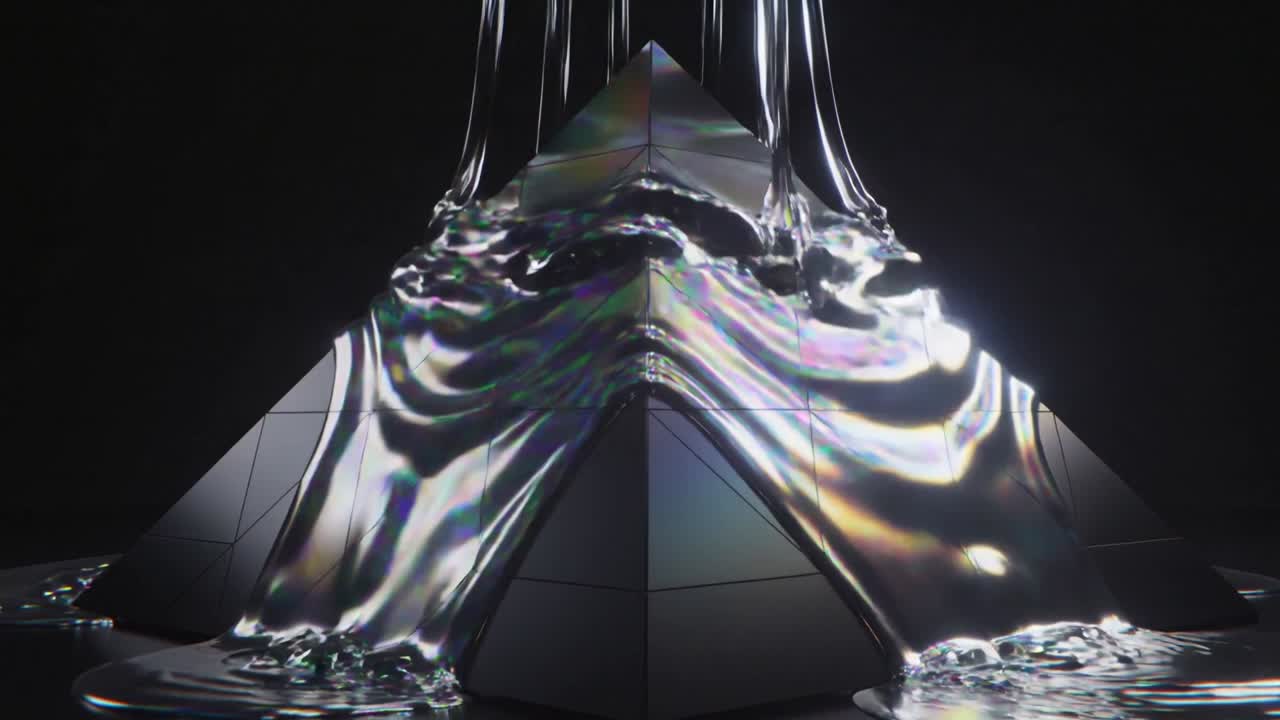 Nozzles releasing iridescent fluid onto pyramid, tracing grid and forming mirror pools for design