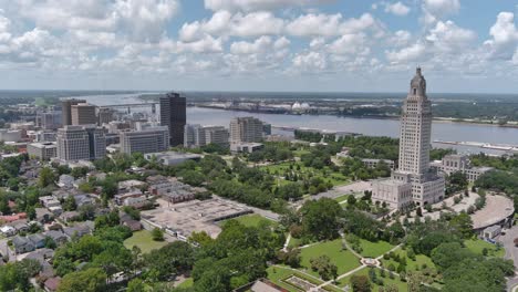 aerial of louisiana state capital building and surrounding area in baton rouge, louisiana