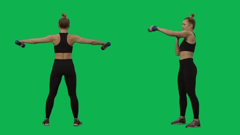 mujer joven en ropa deportiva hace ejercicios con pesas. entrenamiento de manos, fitness para mujeres. 2 en 1 collage frente y lado vista completa en fondo de pantalla verde. cámara lenta lista 59.94fps