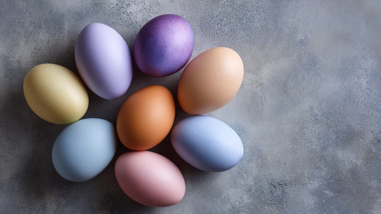 Arranjos Coloridos de Ovos Pintados sobre uma Superfície Texturizada, Exibindo uma Variedade de Tons Pastel e Vibrantes numa Exibição Criativa para Celebrações Sazonais.