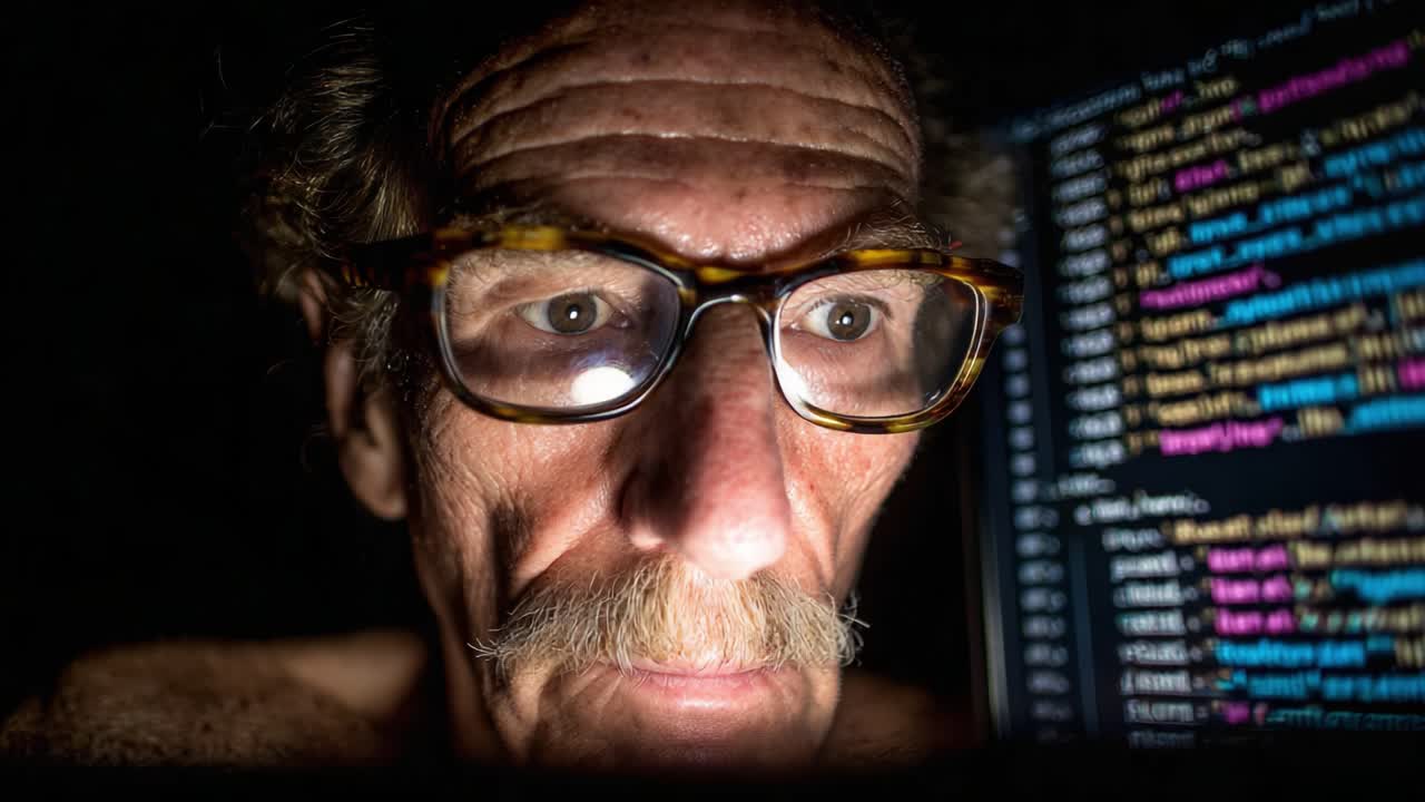 An Intense Focus on Coding: A Close-Up of an Elderly Man with Glasses Analyzing Lines of Code in a Dark Environment, Capturing the Essence of Digital Exploration
