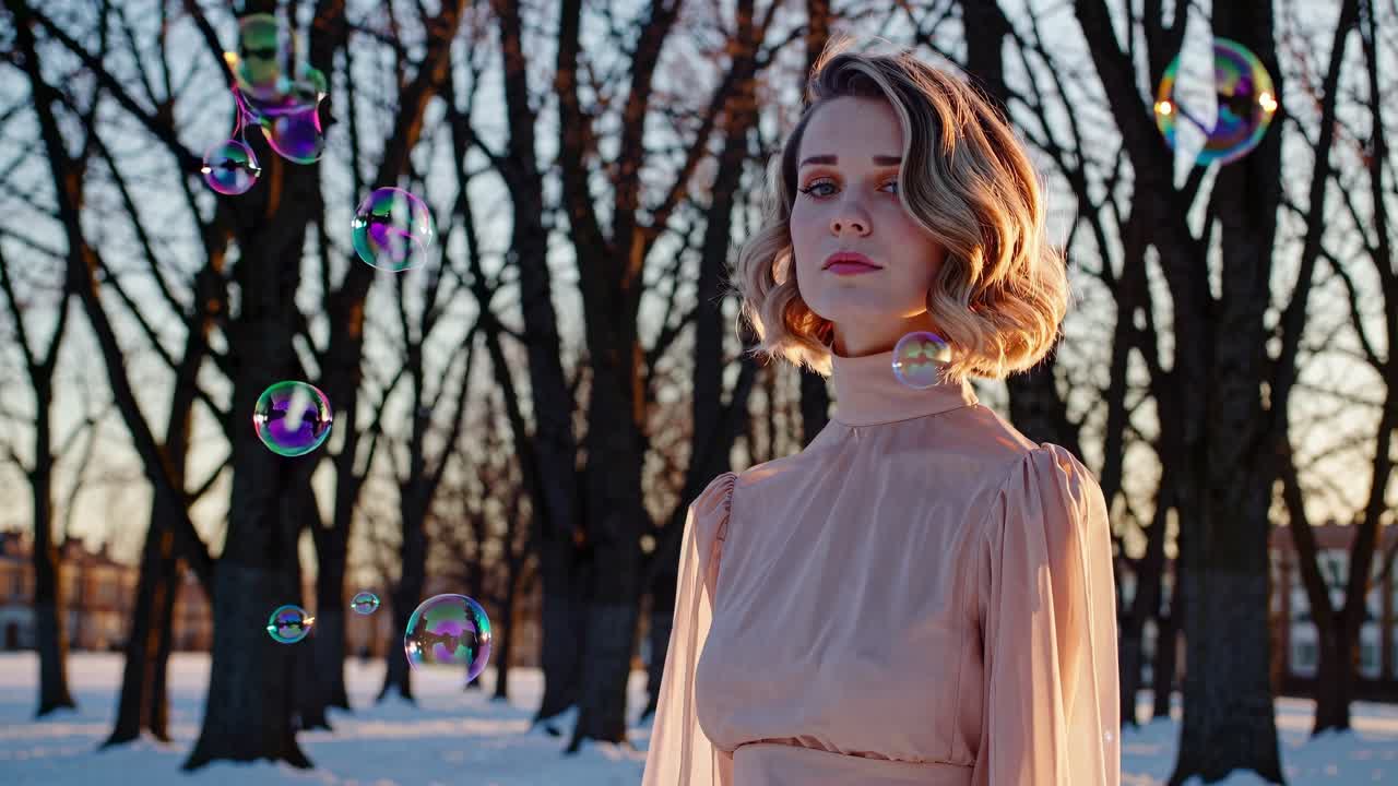 밝은 분홍색 드레스를 입은 금발 여성이 비누 거품 사이에서 서서 황금빛 일몰 순간에 눈 인 공원 풍경을 통해 우아하게 떠다니고 있습니다.