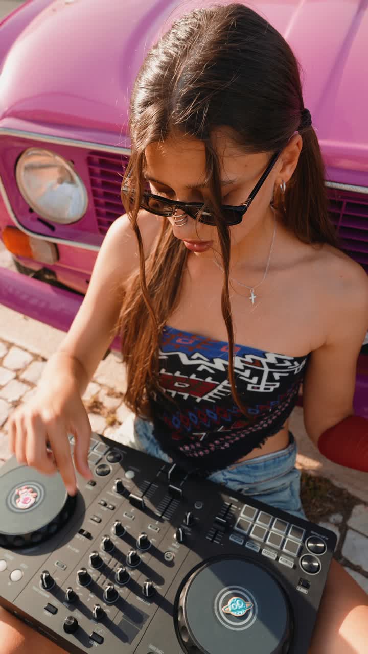 Teenage Girl DJing by a Pink Vintage Car