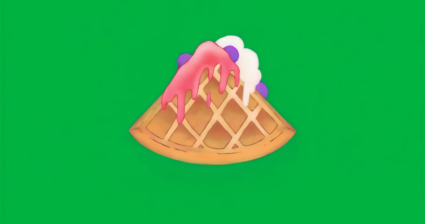 Sciroppo rosa che si raccoglie e cola su un waffle su sfondo trasparente con panna e frutti di bosco per il sapore