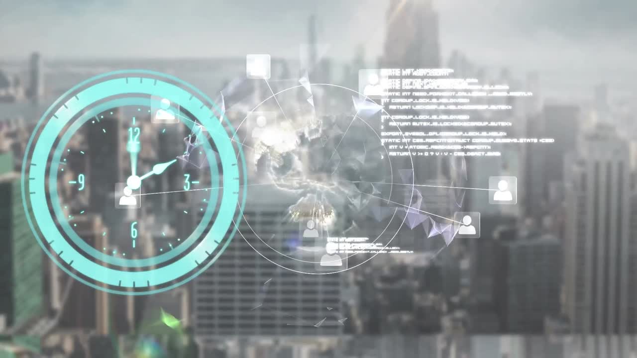 시계와 도시 풍경의 디지털 인터페이스의 애니메이션
