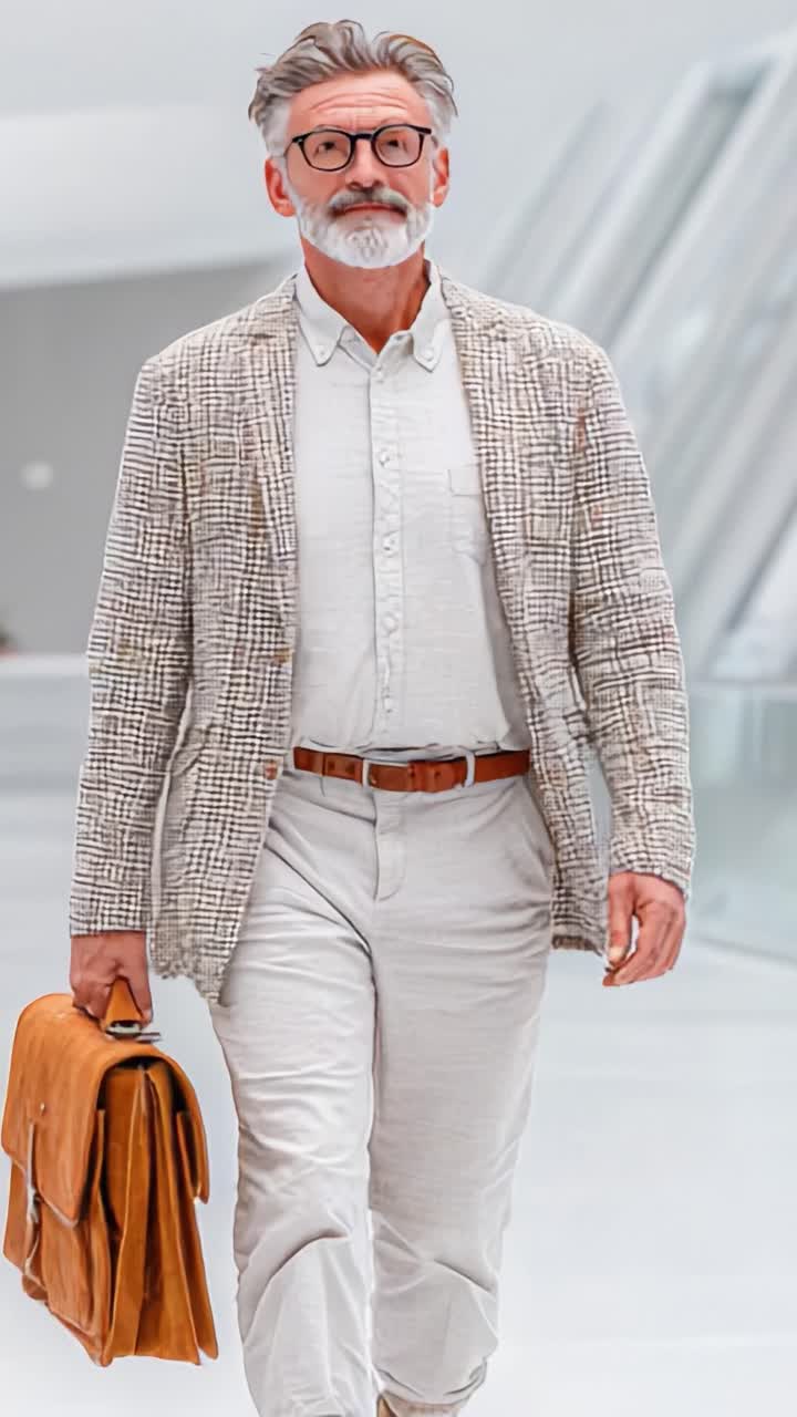 Un distinto gentiluomo in un abito di colore chiaro con una ventiquattrore in pelle cammina con sicurezza attraverso uno spazio moderno minimalista, mostrando eleganza e stile
