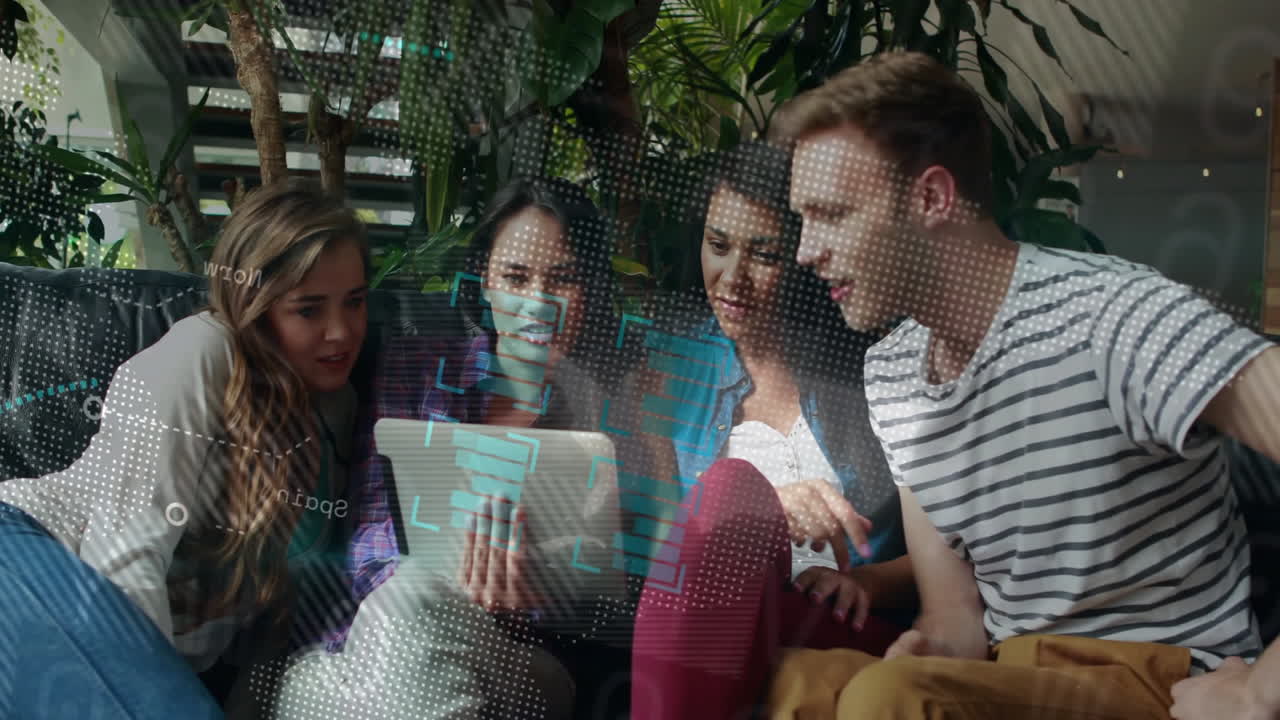 Group of designers collaborating on tablet in tech lounge, showing overlaid AR graphics