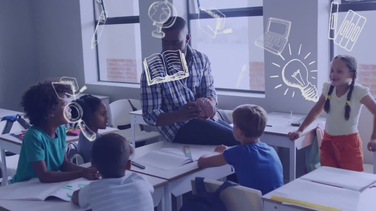 animación de iconos escolares sobre diversos maestros masculinos y escolares en el aula