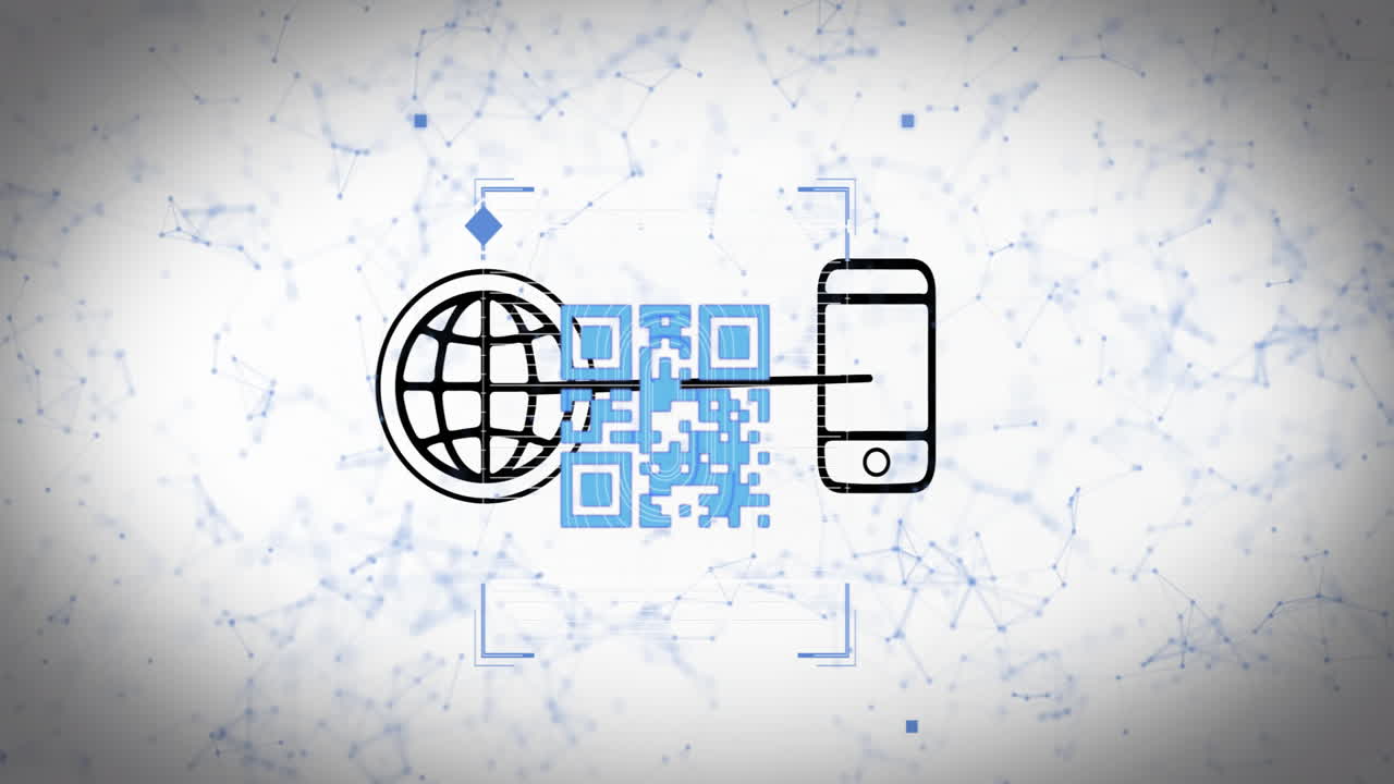 QR code scanning animation between globe and smartphone icons over network connections