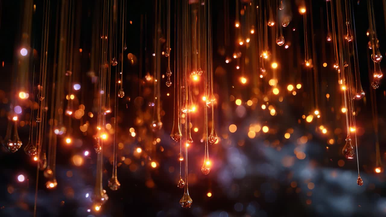 Magica esposizione di luci scintillanti: un incantevole primo piano di fili di goccioline luccicanti che scendono a cascata in un'ipnotica danza di colori e luci