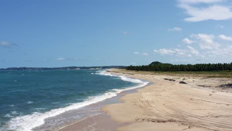 Dolly-out-aerial-drone-wide-shot-of-the-tropical-coastline-of-Rio-Grande-do-Norte,-Brazil-with-a-white-untouched-beach,-small-calm-waves,-and-palm-trees-in-between-Baia-Formosa-and-Barra-de-Cunha?