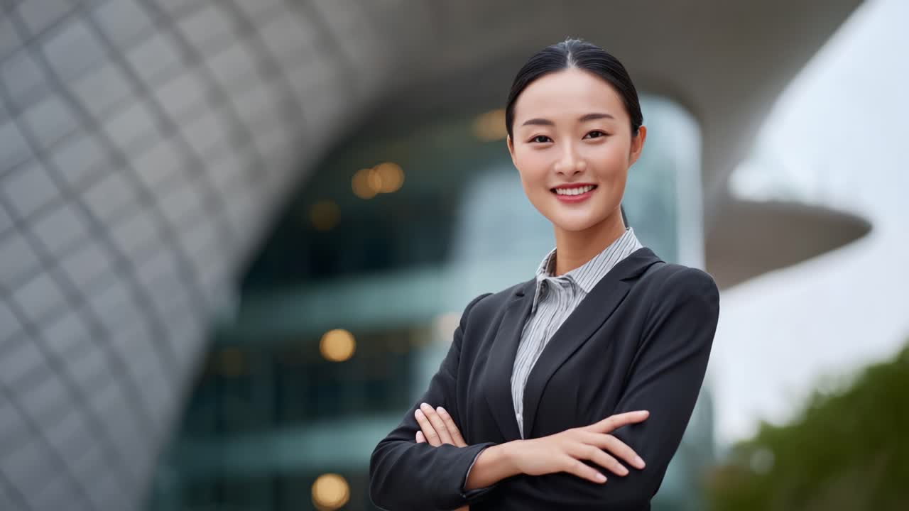 Confident and Professional Businesswoman Smiling in a Modern Urban Environment, Showcasing Professionalism and Charisma in a Dynamic Setting