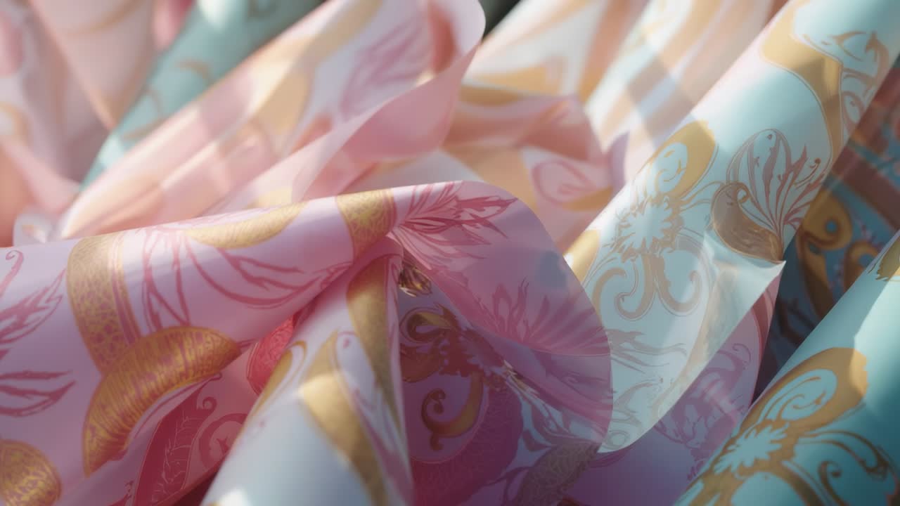 Panning across pastel pink and blue fabrics folding under studio lights revealing gold patterns
