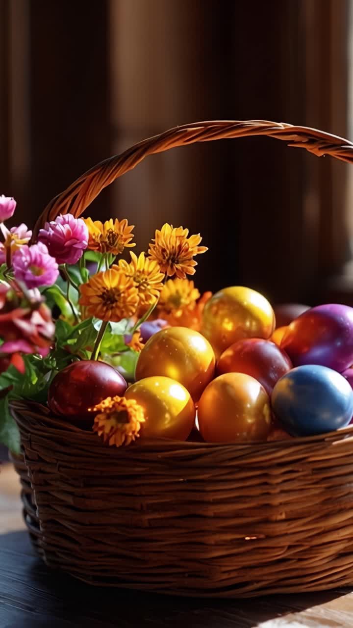 A Beautifully Arranged Basket of Colorful Easter Eggs and Vibrant Flowers on a Wooden Table, Bathed in Soft Natural Light, Celebrating Springtime Delight