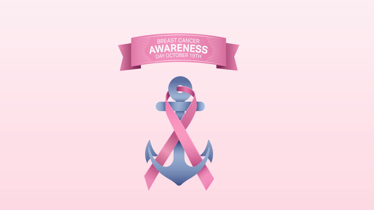 분홍색 배경에 나타나는 분홍색 리본  ⁇ 커 로고와 유방암 텍스트의 애니메이션