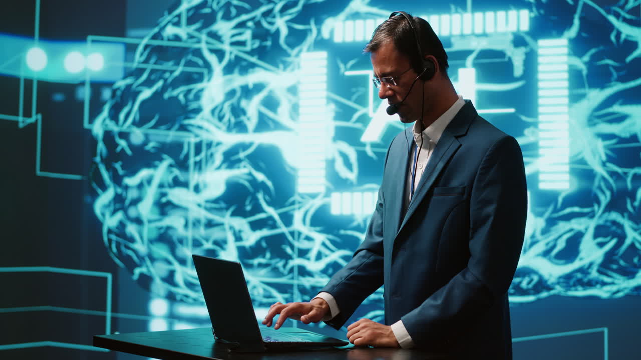 Speaker talking with audience during remote call online AI webinar