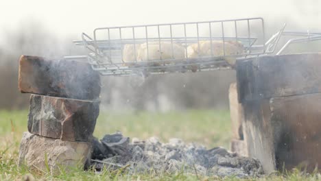 chicken meat pieces being fried on charcoal grill and fat dripping on hot coals