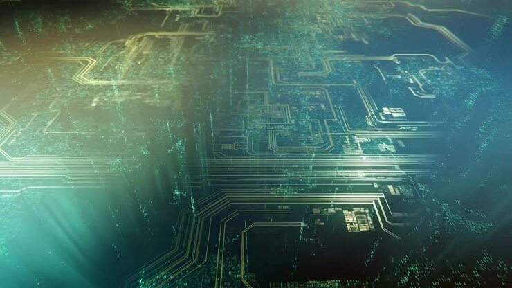 Panoramic motion scene of stylized electronic circuit plane with pale gold traces flowing diagonally through teal haze, drifting pixel particles, luminous depth, layered geometry, and modern digital
