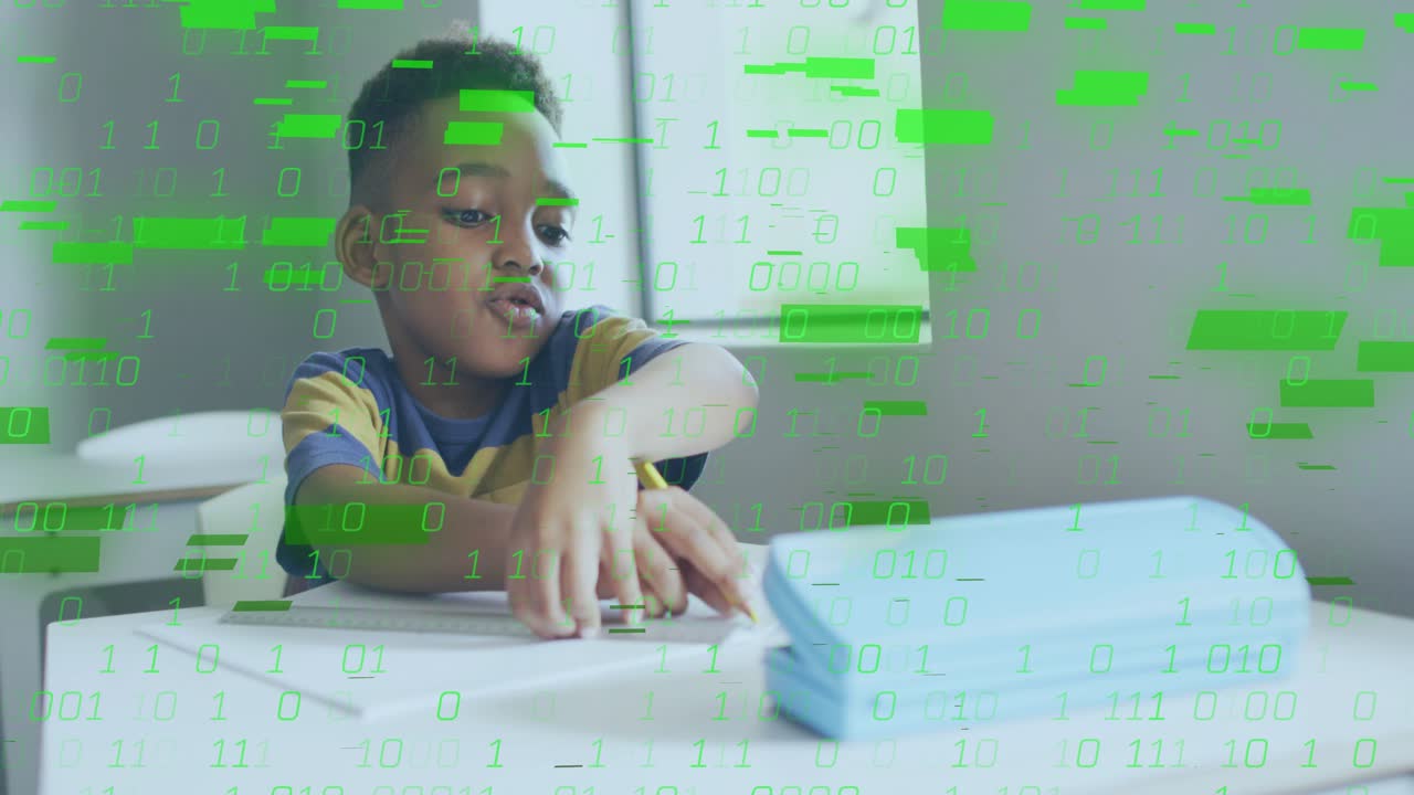 Boy at window writing paper, reaching pencil, growing green binary overlay over desk for study
