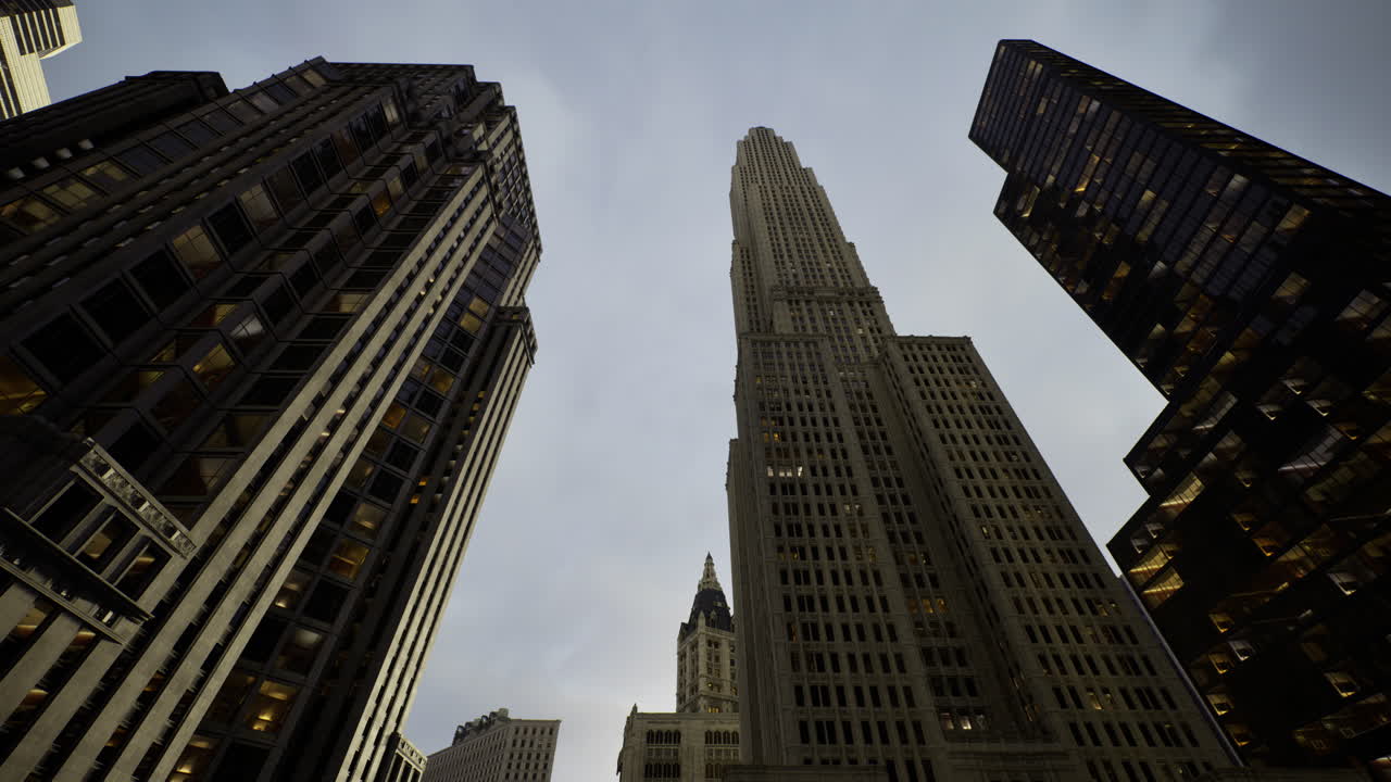 Skyscrapers reaching for the clouds in a bustling urban landscape during dusk