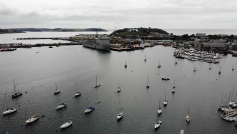 aerial flying over moored boats in falmouth habour